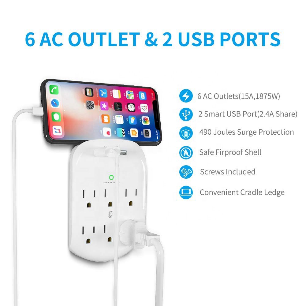 6 AC outlets Plug Surge Protector ETL approved Wall Tap Intelligent Power Strip with USB and night light for kitchen bedroom