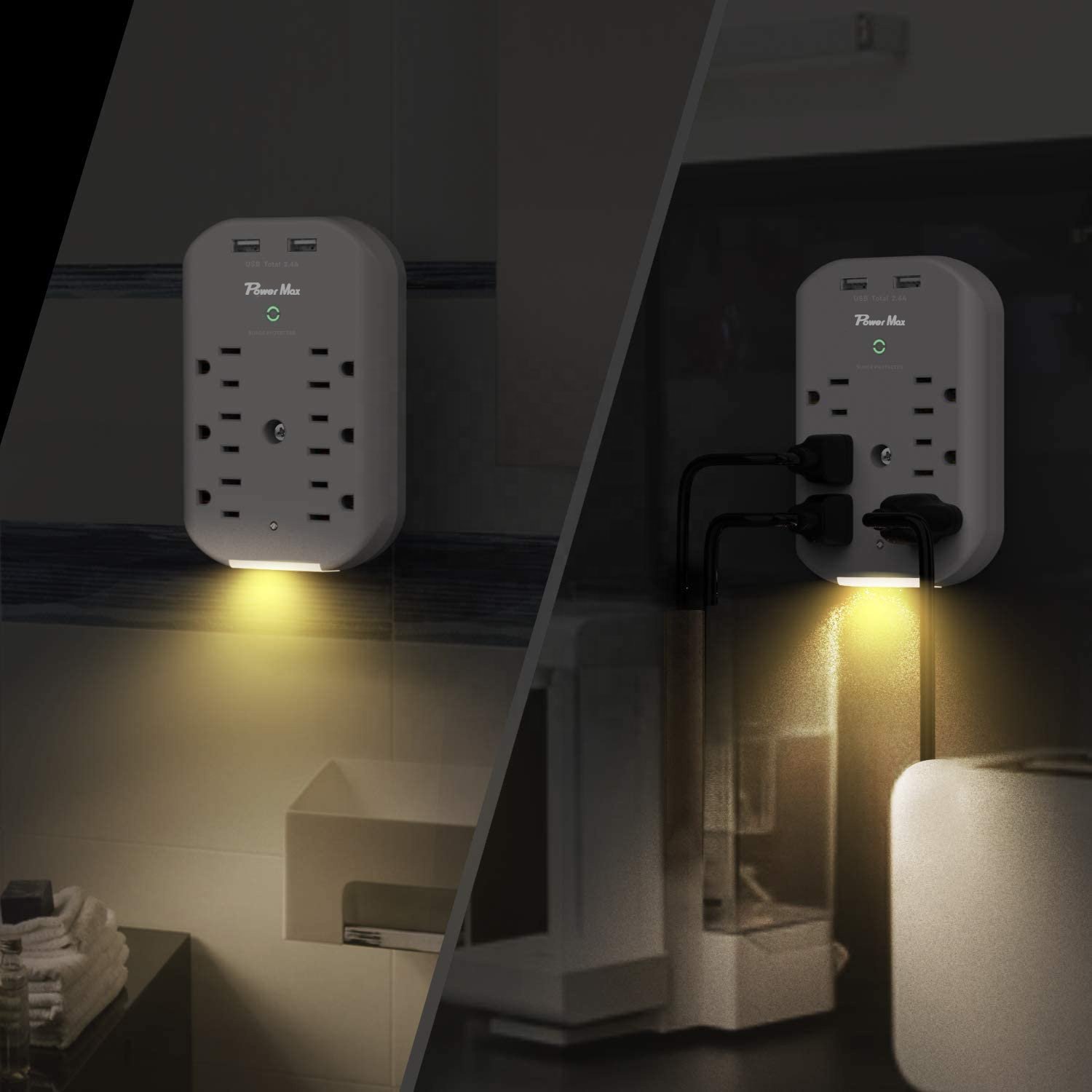 6 AC outlets Plug Surge Protector ETL approved Wall Tap Intelligent Power Strip with USB and night light for kitchen bedroom