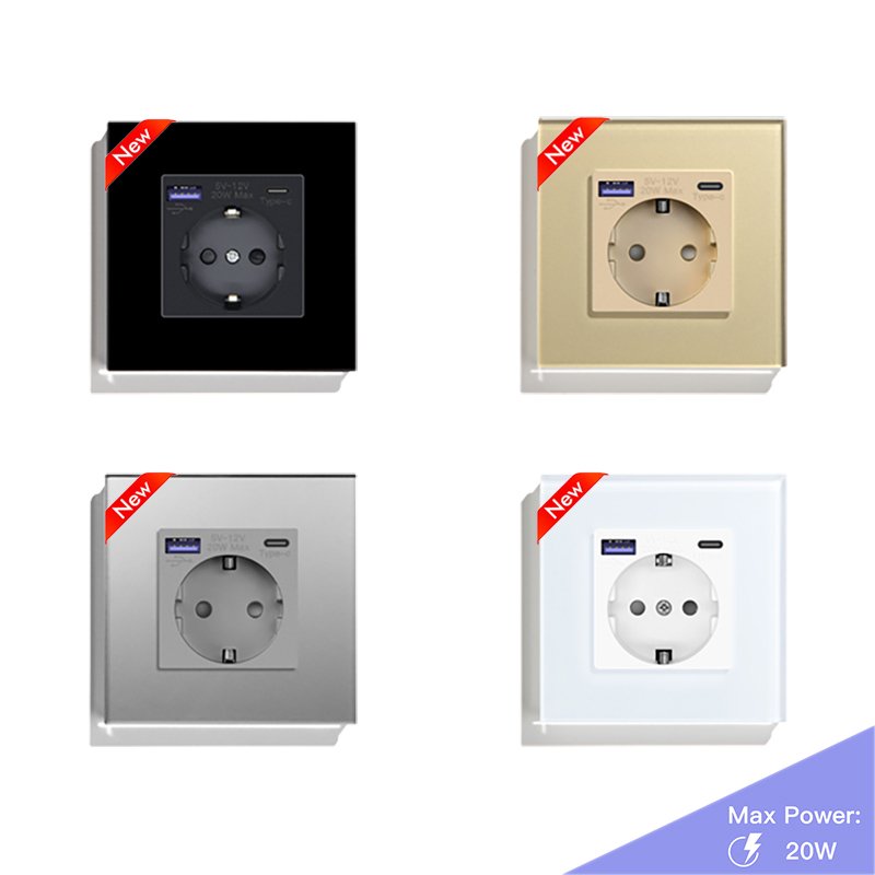 MVAVA Crystal Glass Pane 20W PD Fast Charging High Quality Electrical Outlet Type C EU Wall-mounted Power Socket With USB Ports