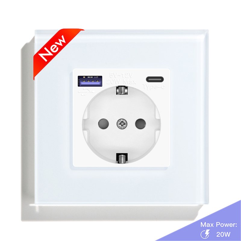 MVAVA Crystal Glass Pane 20W PD Fast Charging High Quality Electrical Outlet Type C EU Wall-mounted Power Socket With USB Ports