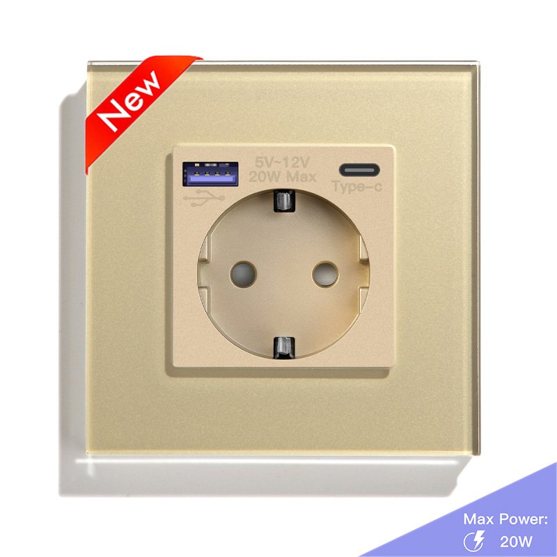 MVAVA Crystal Glass Pane 20W PD Fast Charging High Quality Electrical Outlet Type C EU Wall-mounted Power Socket With USB Ports