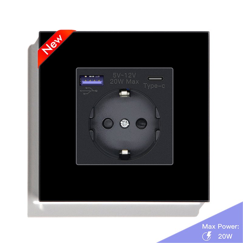 MVAVA Crystal Glass Pane 20W PD Fast Charging High Quality Electrical Outlet Type C EU Wall-mounted Power Socket With USB Ports