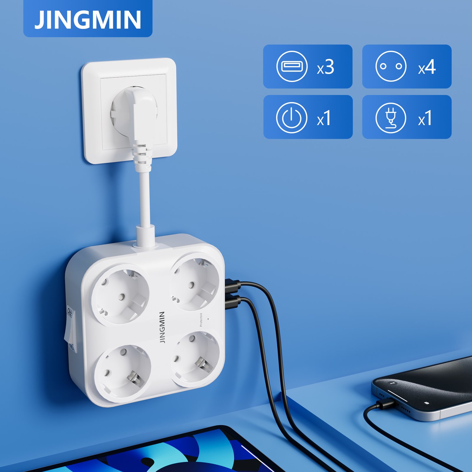 EU KR Plug Multi Outlets Power Strip with 4 AC Outlets 3USB Charging Ports Multiple Extension Socket Fast Charge Adapter On Home