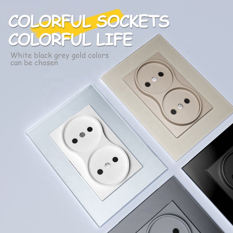 EU Socket Manufacturer Glass Panel Double 2 Pin Wall Socket Russia 2P Non-grounding Power Plug Socket