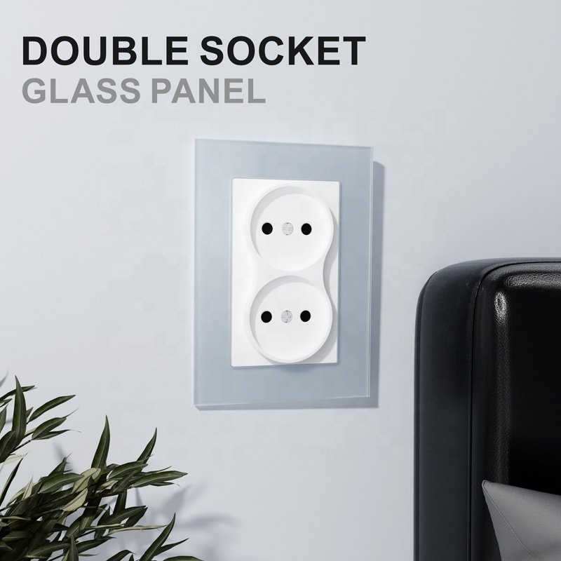 EU Socket Manufacturer Glass Panel Double 2 Pin Wall Socket Russia 2P Non-grounding Power Plug Socket
