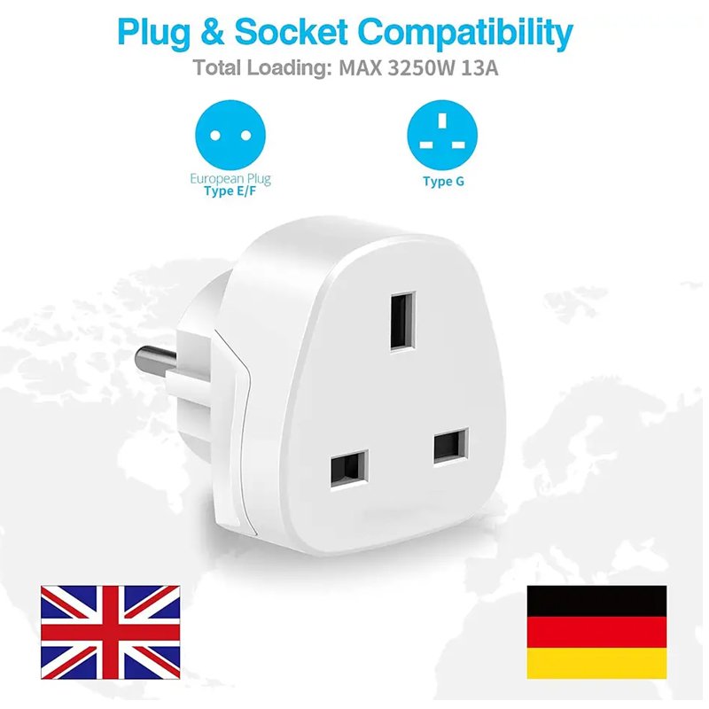 Worldplug UK to European Plug Adapter 3 Pin to 2 Pin EU Socket Europe France Germany Travel Adaptor