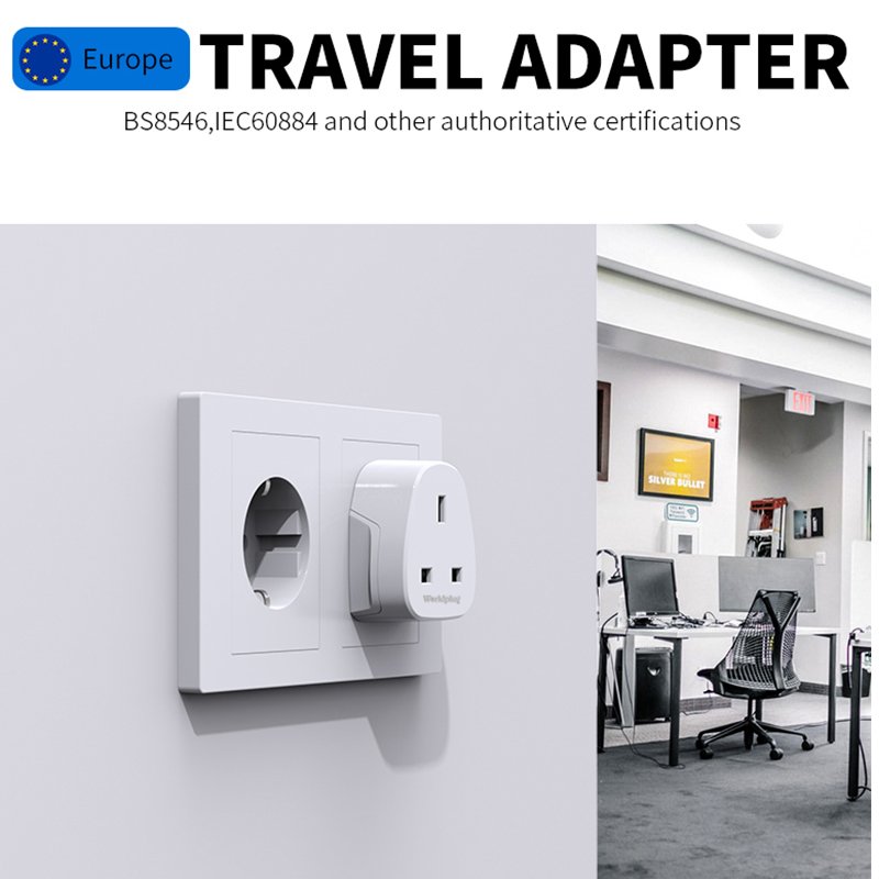 Worldplug UK to European Plug Adapter 3 Pin to 2 Pin EU Socket Europe France Germany Travel Adaptor