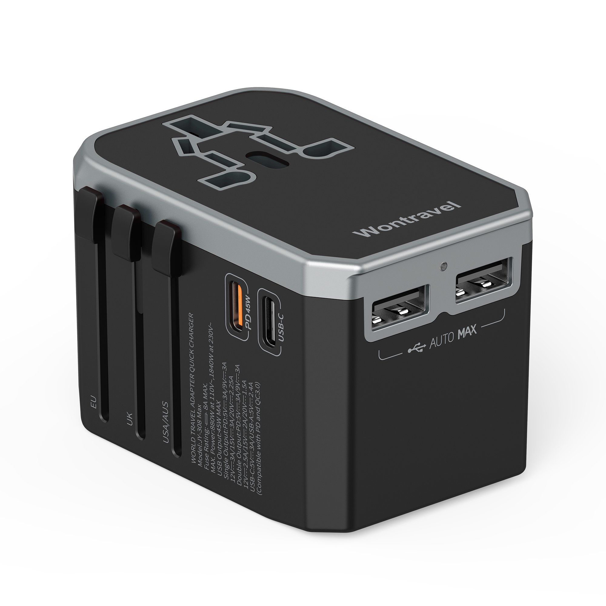 Wontravel World Travel Adaptor USB Plug Type C Quick Charger 45W PD Travel Adapter Electrical Plug Socket