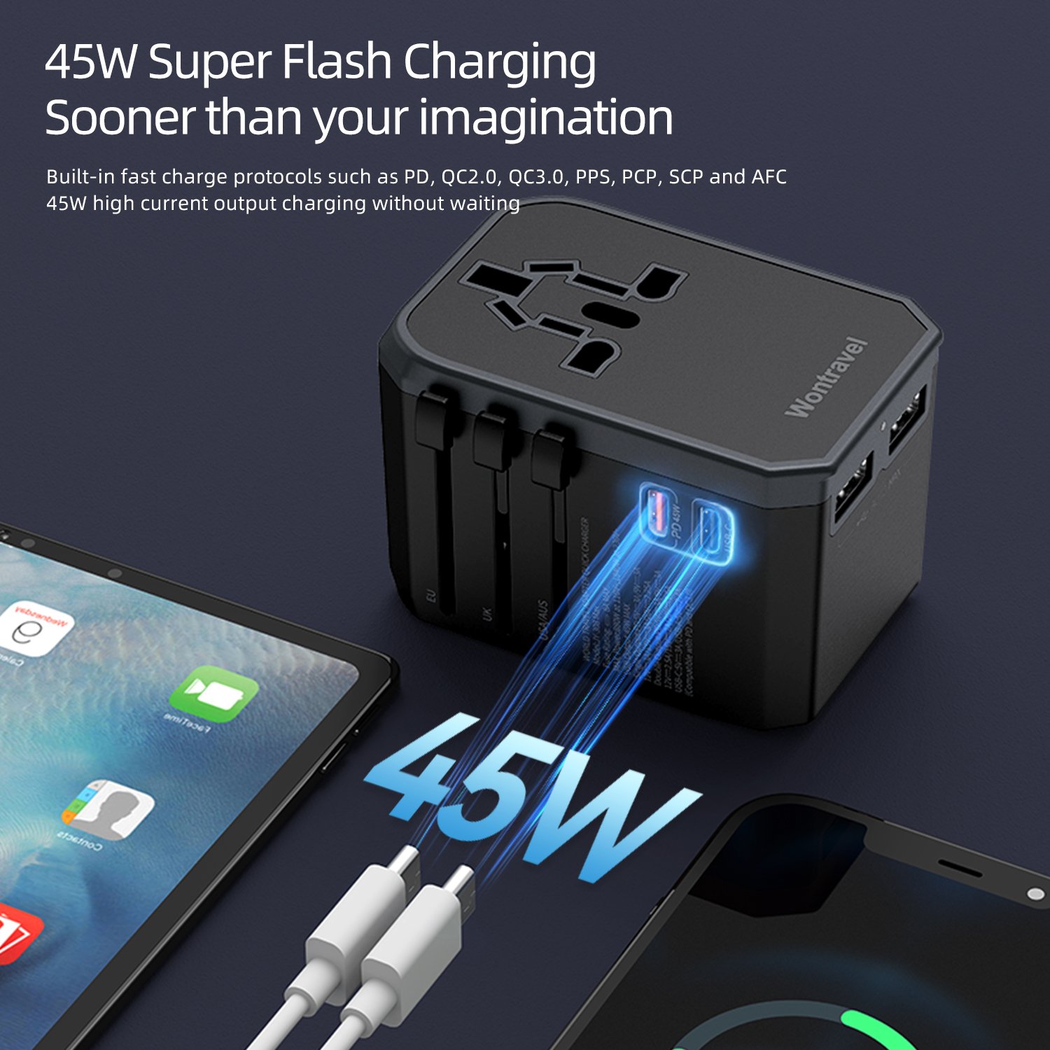 Wontravel World Travel Adaptor USB Plug Type C Quick Charger 45W PD Travel Adapter Electrical Plug Socket