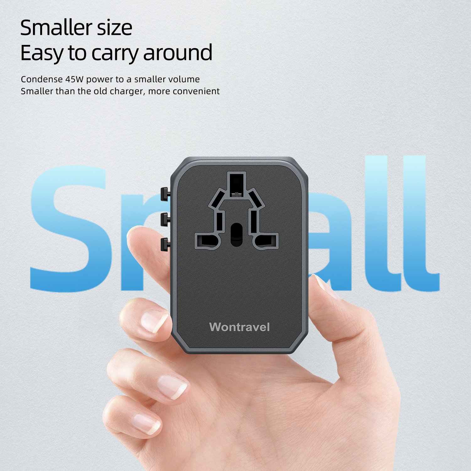 Wontravel World Travel Adaptor USB Plug Type C Quick Charger 45W PD Travel Adapter Electrical Plug Socket