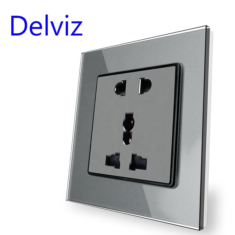 Delviz Tempered Glass Panel, AC 110V~250V, 86mm*86mm, 5 hole plug jacks Electric Outlet, Wall 16A Power Universal Single Socket