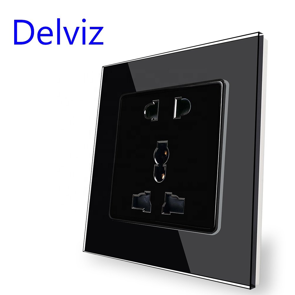 Delviz Tempered Glass Panel, AC 110V~250V, 86mm*86mm, 5 hole plug jacks Electric Outlet, Wall 16A Power Universal Single Socket