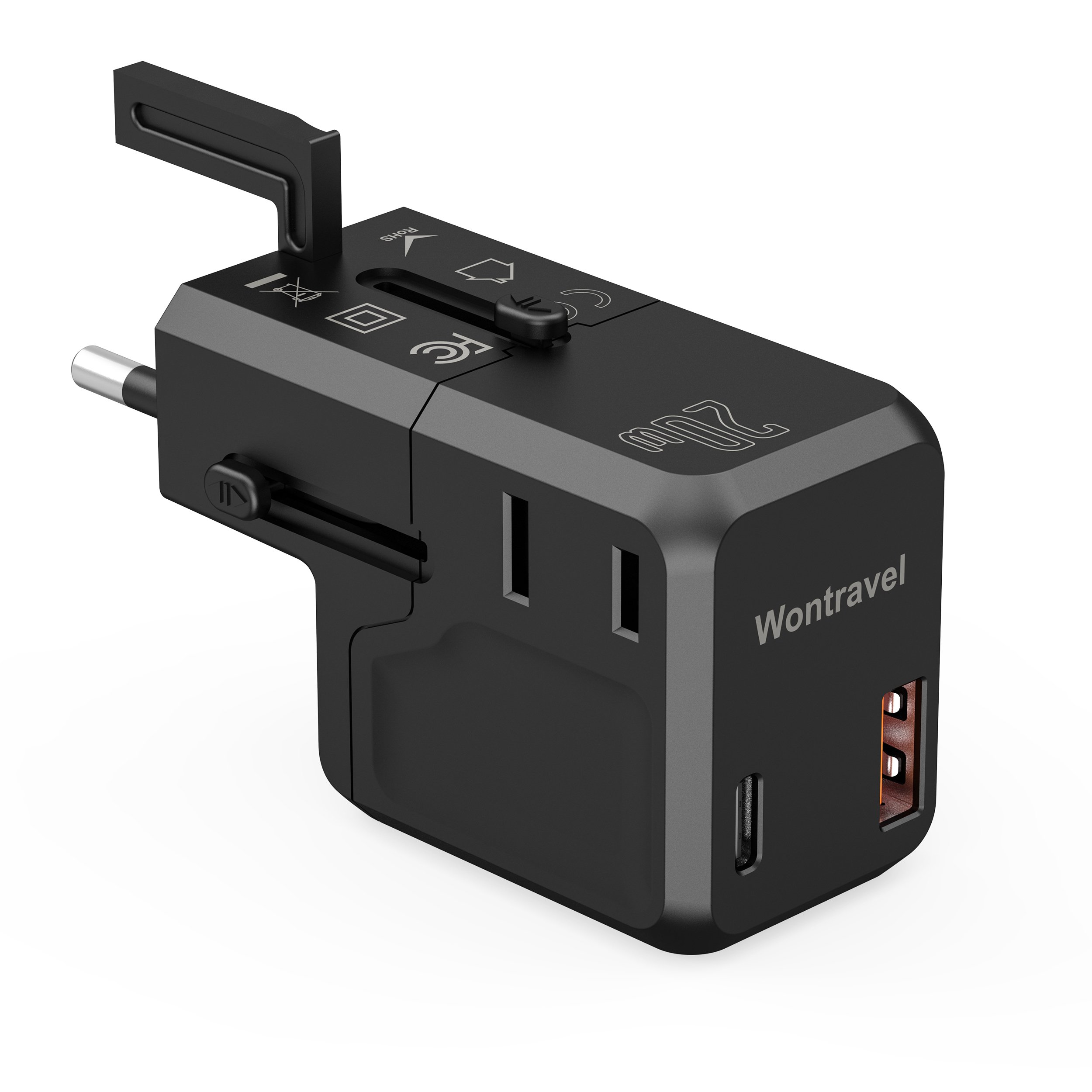 Wontravel Universal Travel Adapter 20W USB Charger Fast Charging PD QC 3.0 Port European Travel Plug Adapter with Dual Socket