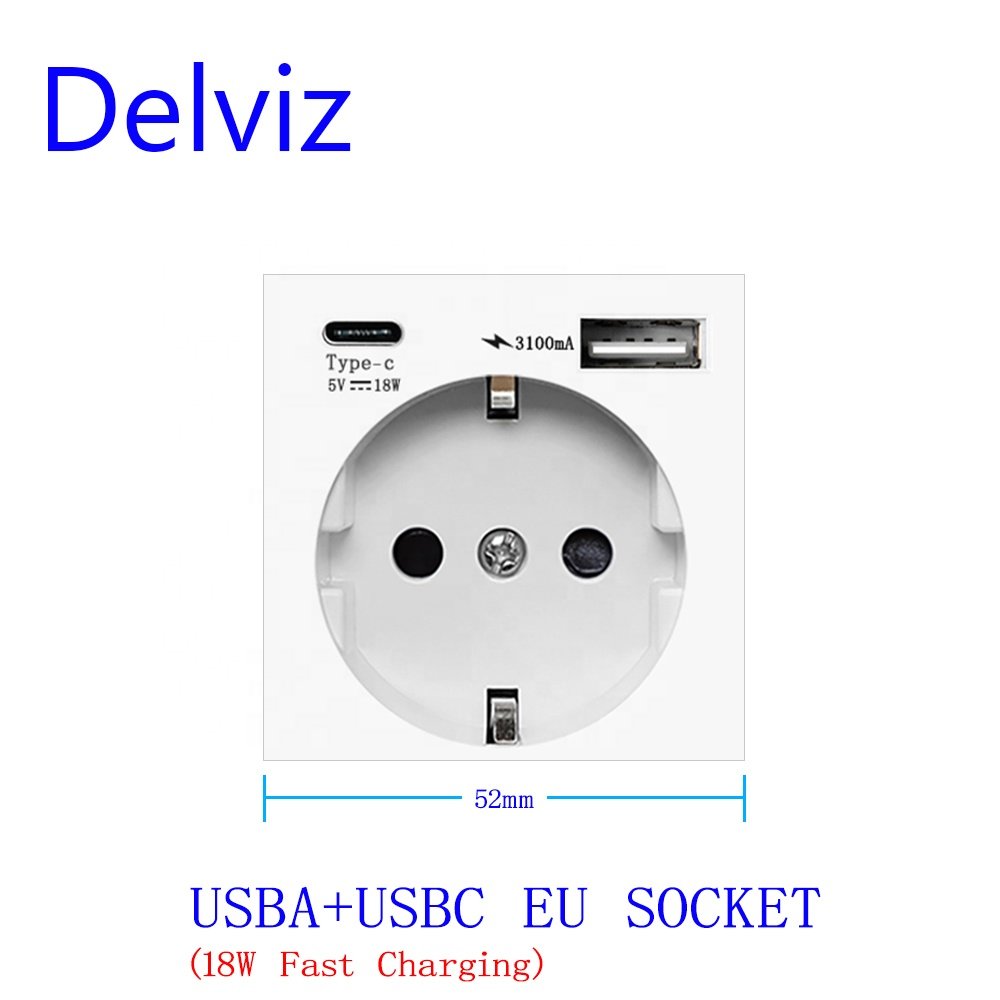 Delviz White Glass Panel, USB C Fast charging Outlet, Electric plug double EU socket, DIY Wall Light Switch Schuko Wall Socket