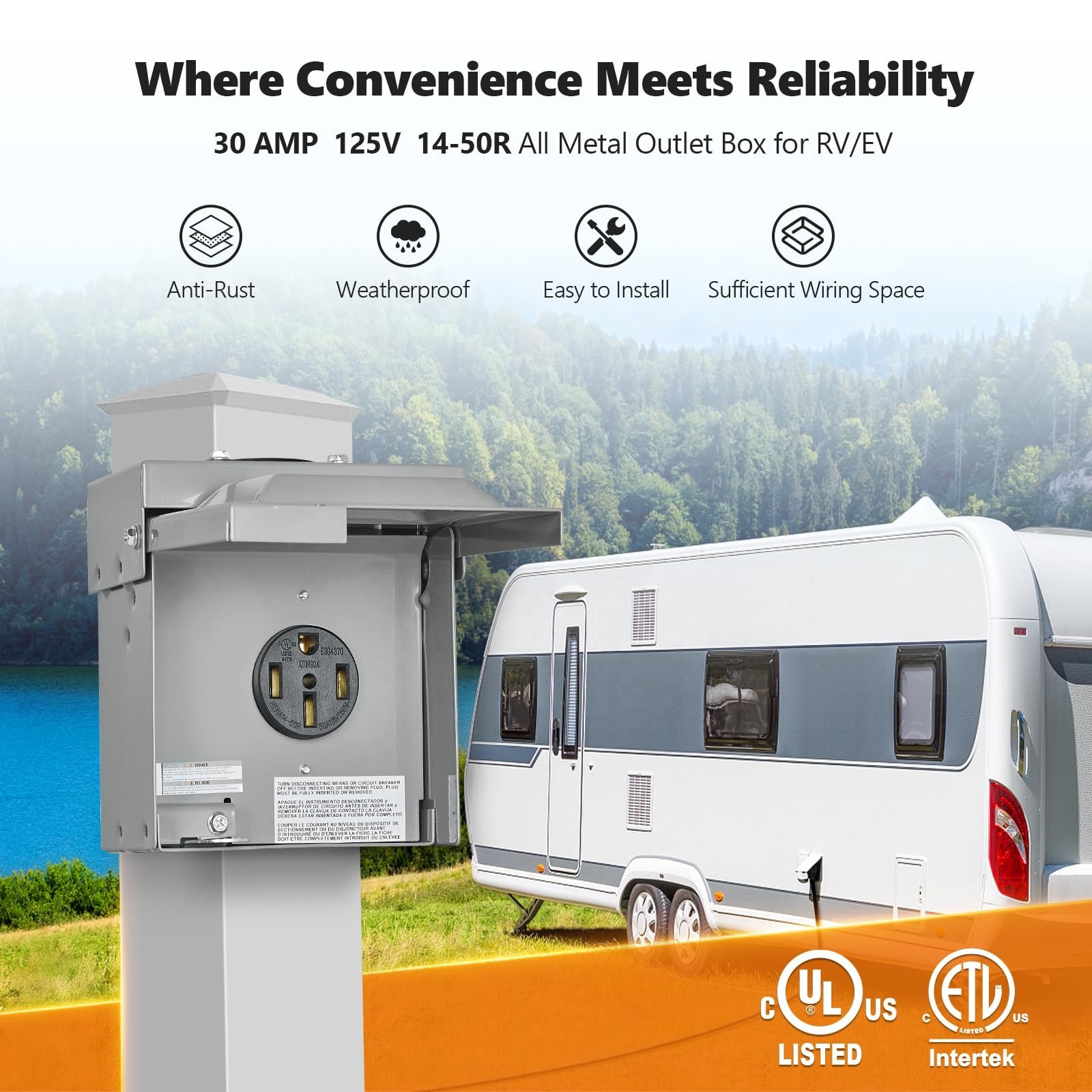 3R Enclosure-Rainproof All Metal Outdoor NEMA 14-50R Receptacle Electrical Power Box 50 AMP RV Outlet For RV/EV Camper Plug