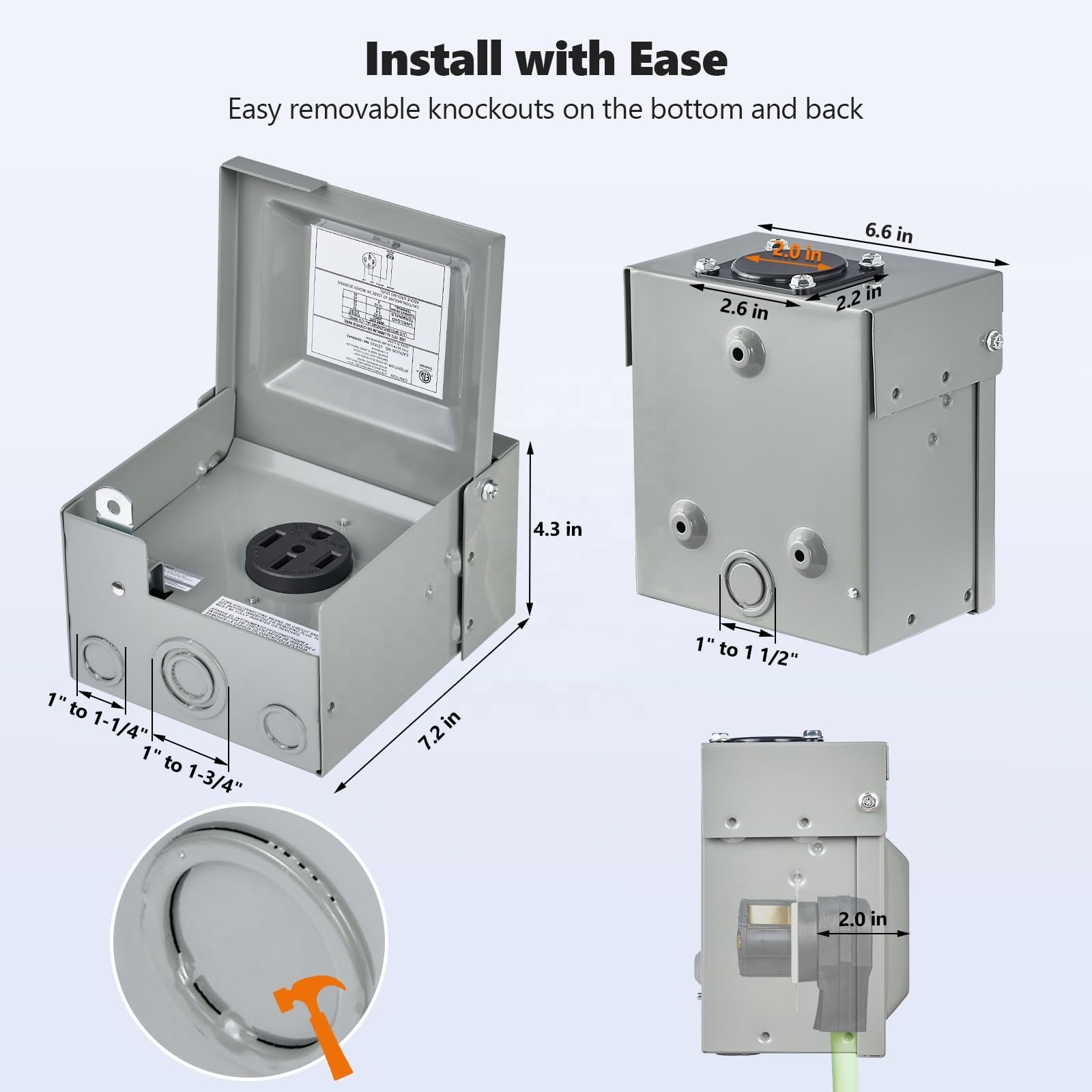 3R Enclosure-Rainproof All Metal Outdoor NEMA 14-50R Receptacle Electrical Power Box 50 AMP RV Outlet For RV/EV Camper Plug