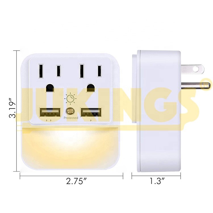 2 usb 2 wall outlet extender surge protected current tap with sensor led night light 125V Rated 15A US Wall Plug