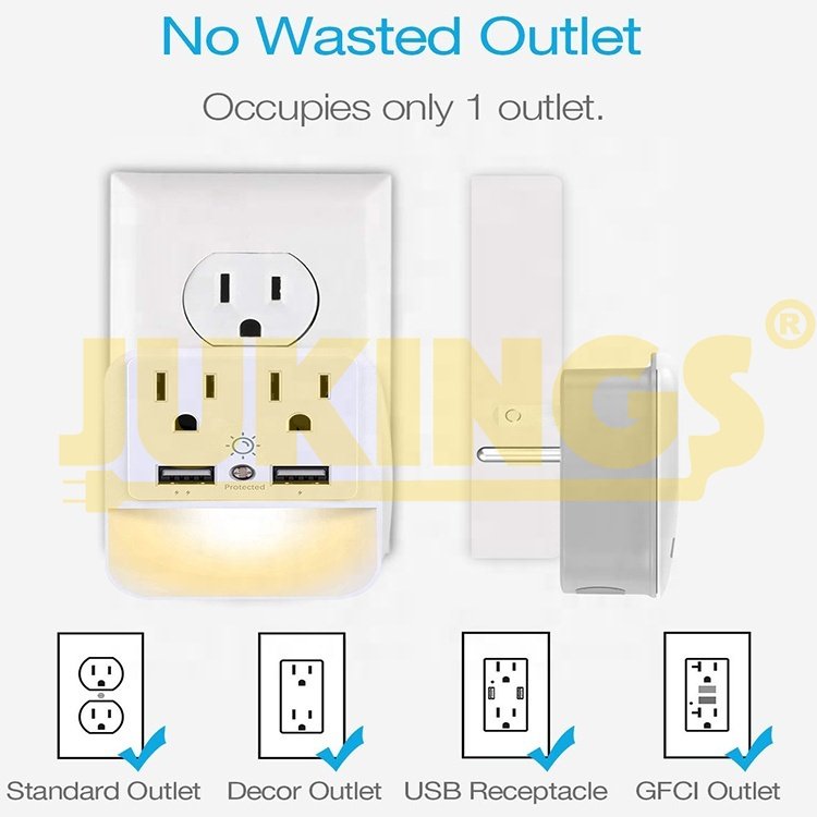 2 usb 2 wall outlet extender surge protected current tap with sensor led night light 125V Rated 15A US Wall Plug