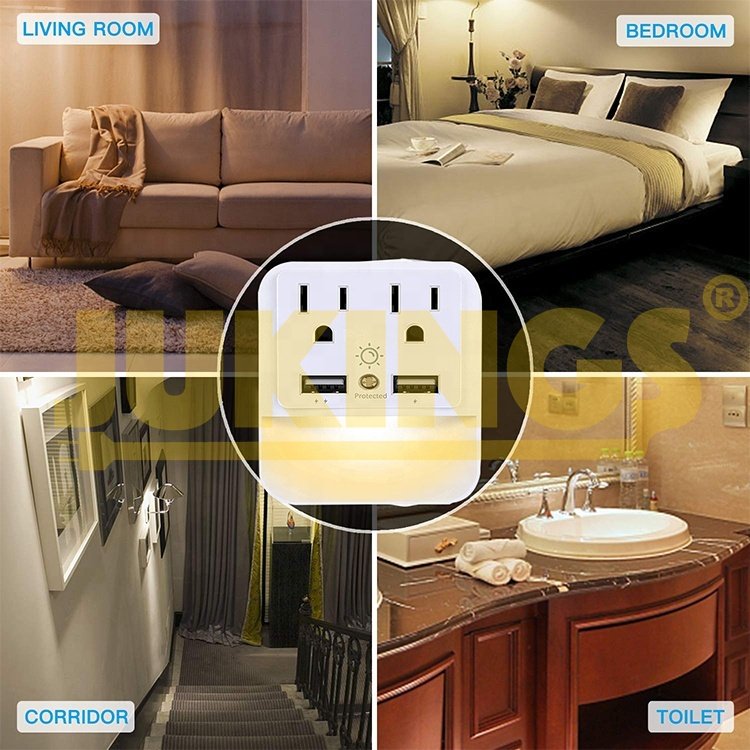 2 usb 2 wall outlet extender surge protected current tap with sensor led night light 125V Rated 15A US Wall Plug