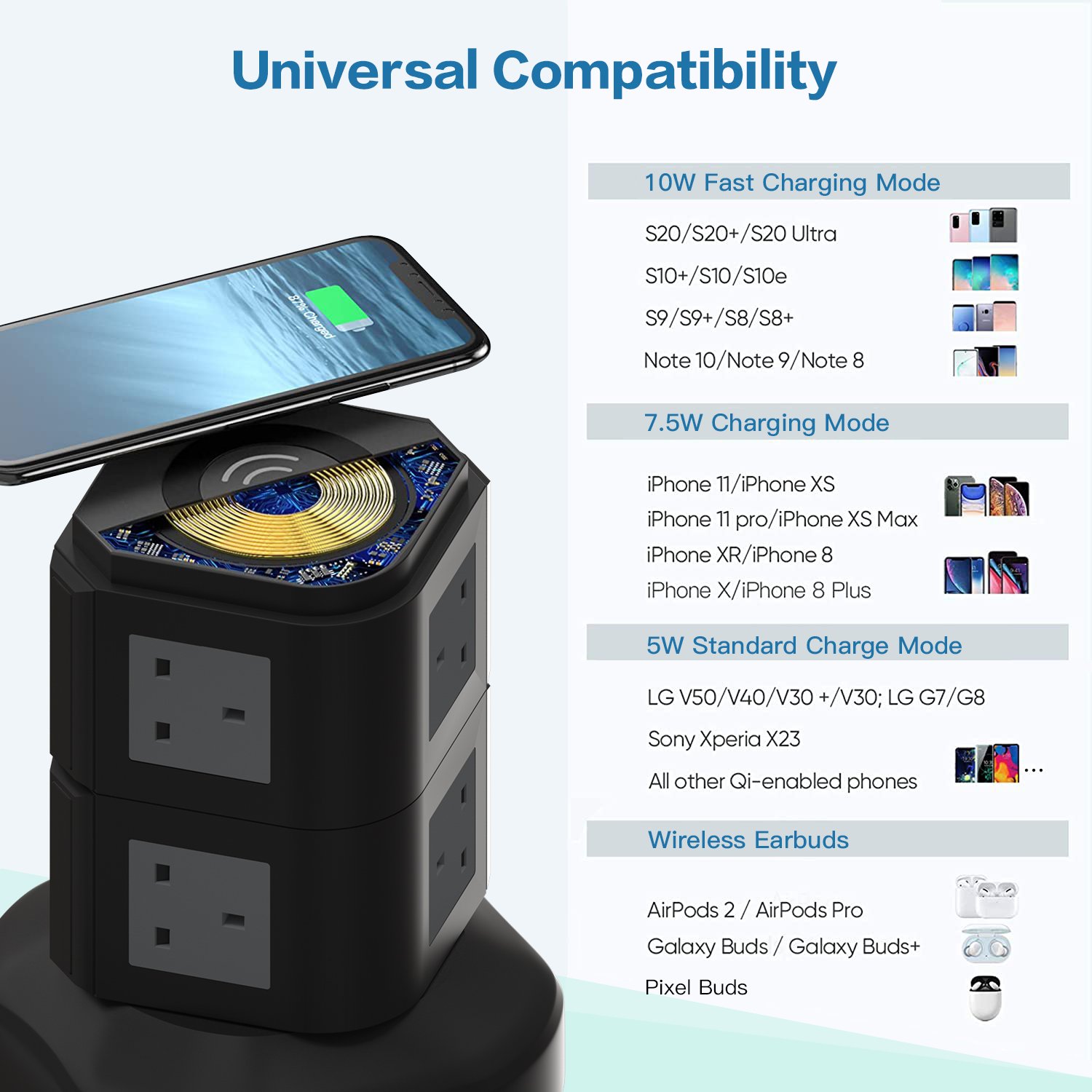 10W Wireless Smart Extension Lead 6 Way Outlets Uk Power Strip Surge Protector Tower With 4 Usb Ports