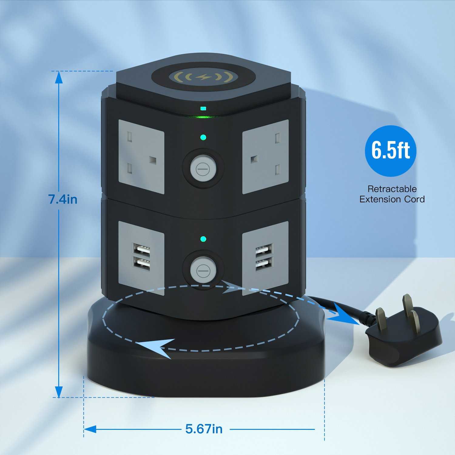 10W Wireless Smart Extension Lead 6 Way Outlets Uk Power Strip Surge Protector Tower With 4 Usb Ports