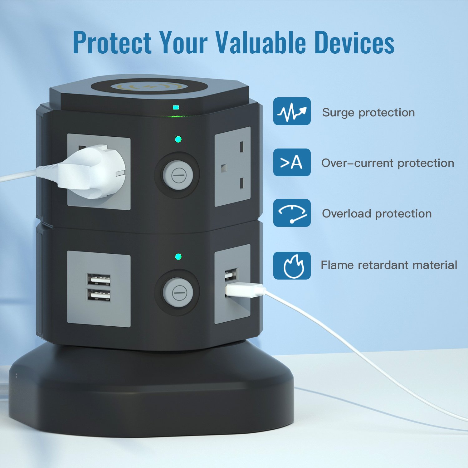 10W Wireless Smart Extension Lead 6 Way Outlets Uk Power Strip Surge Protector Tower With 4 Usb Ports