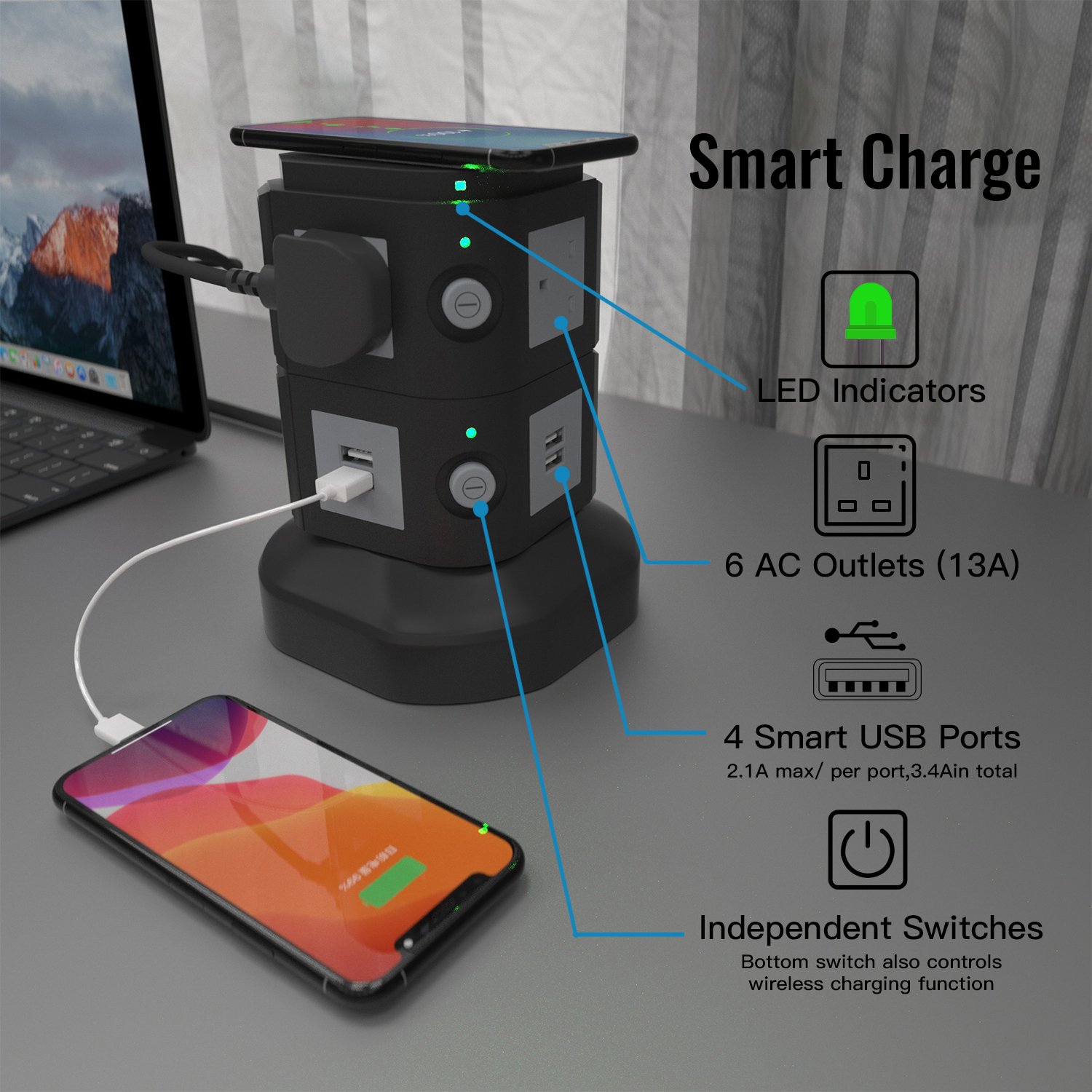 10W Wireless Smart Extension Lead 6 Way Outlets Uk Power Strip Surge Protector Tower With 4 Usb Ports