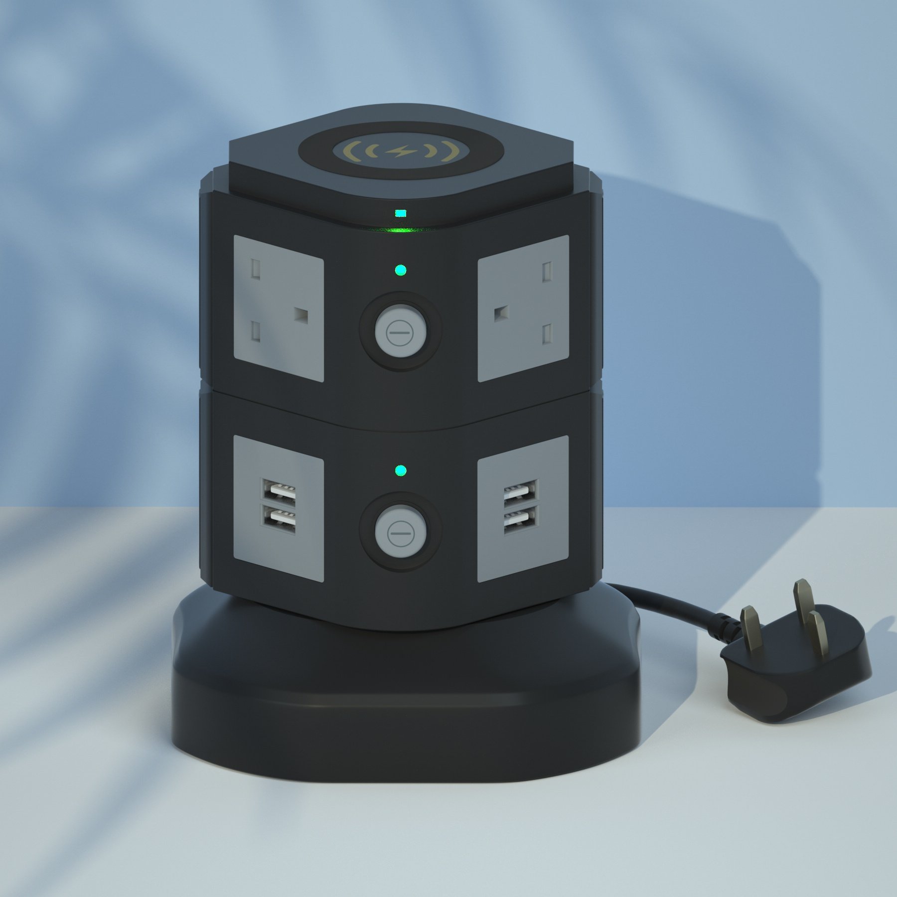 10W Wireless Smart Extension Lead 6 Way Outlets Uk Power Strip Surge Protector Tower With 4 Usb Ports