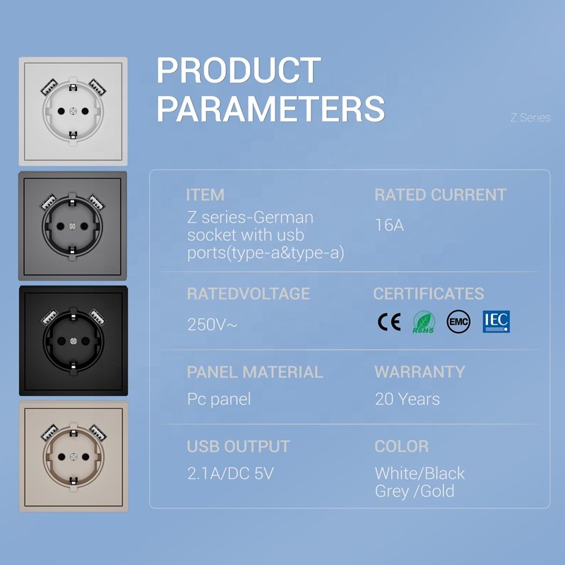 European USB 2 Port Charger Socket 220V Wall Germany Schuko Plug Socket With Double Type A USB Ports