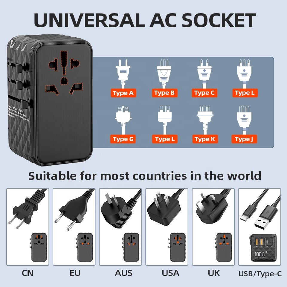 Worldplug New Model GaN 100W Universal Travel Plug Adapter Worldwide Super Fast Charging Travel Adaptor Charger