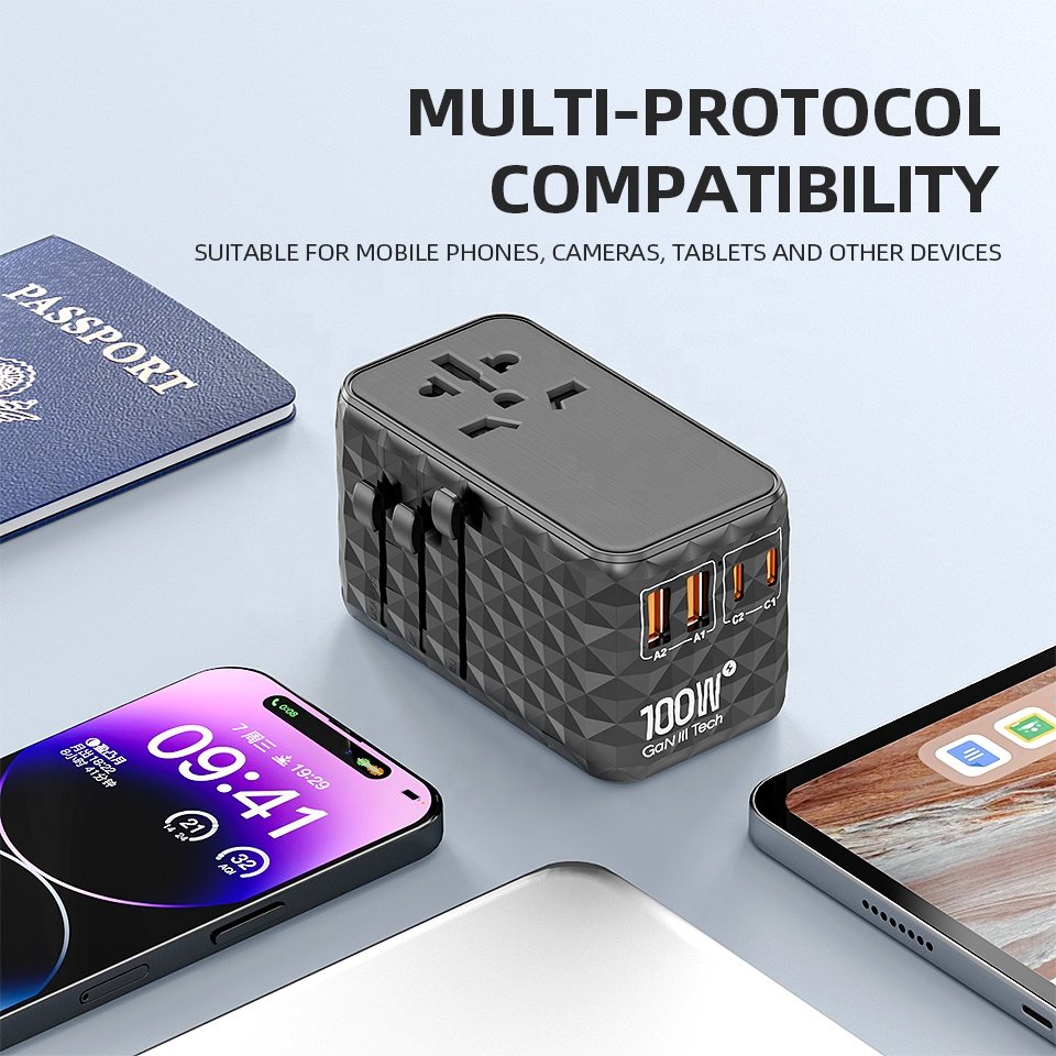 Worldplug New Model GaN 100W Universal Travel Plug Adapter Worldwide Super Fast Charging Travel Adaptor Charger