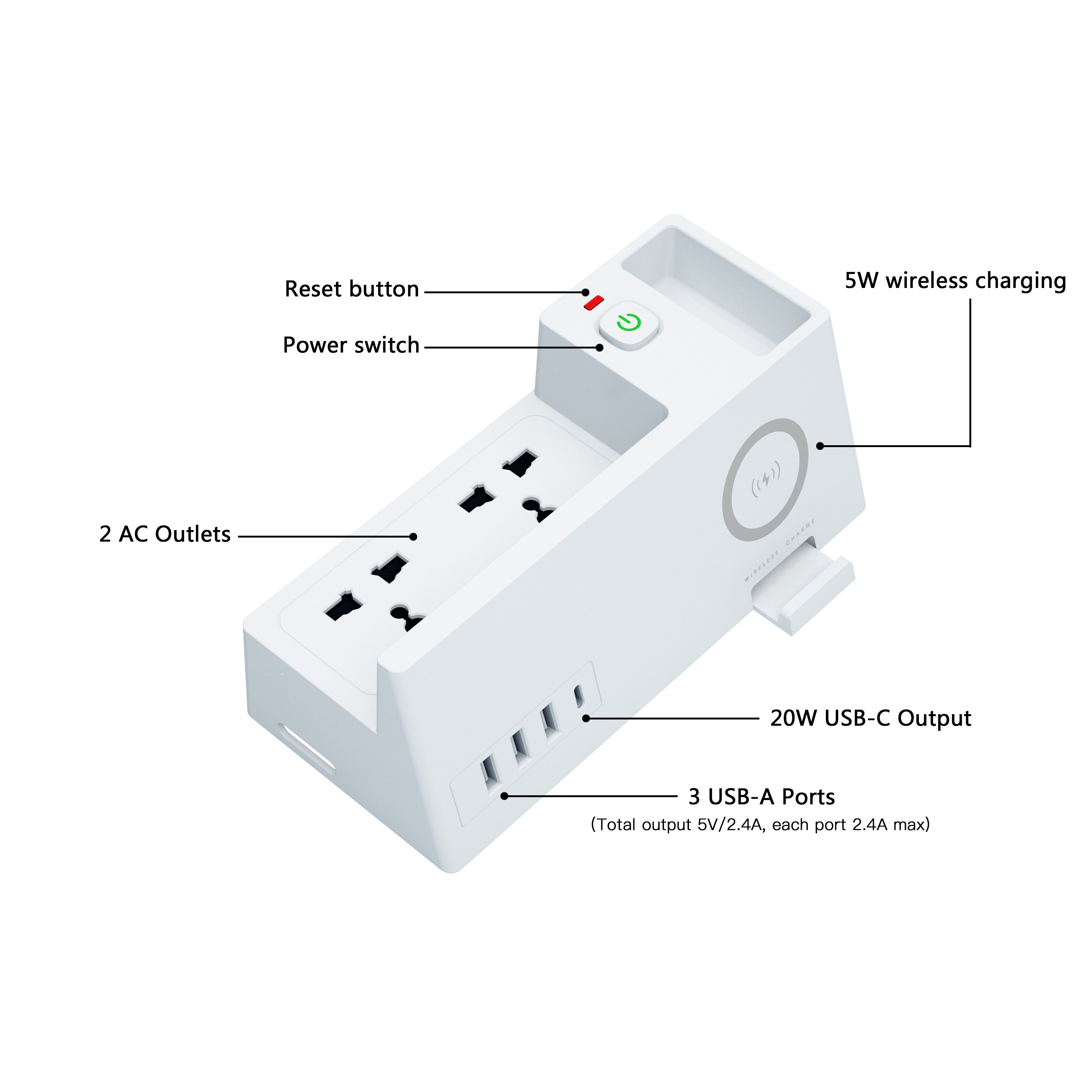 Universal Standard 3 Pin Multi Flat Plug Outlet Safety Single Switch Extension Board With 4 Usb Ports And 5W Wireless Charging