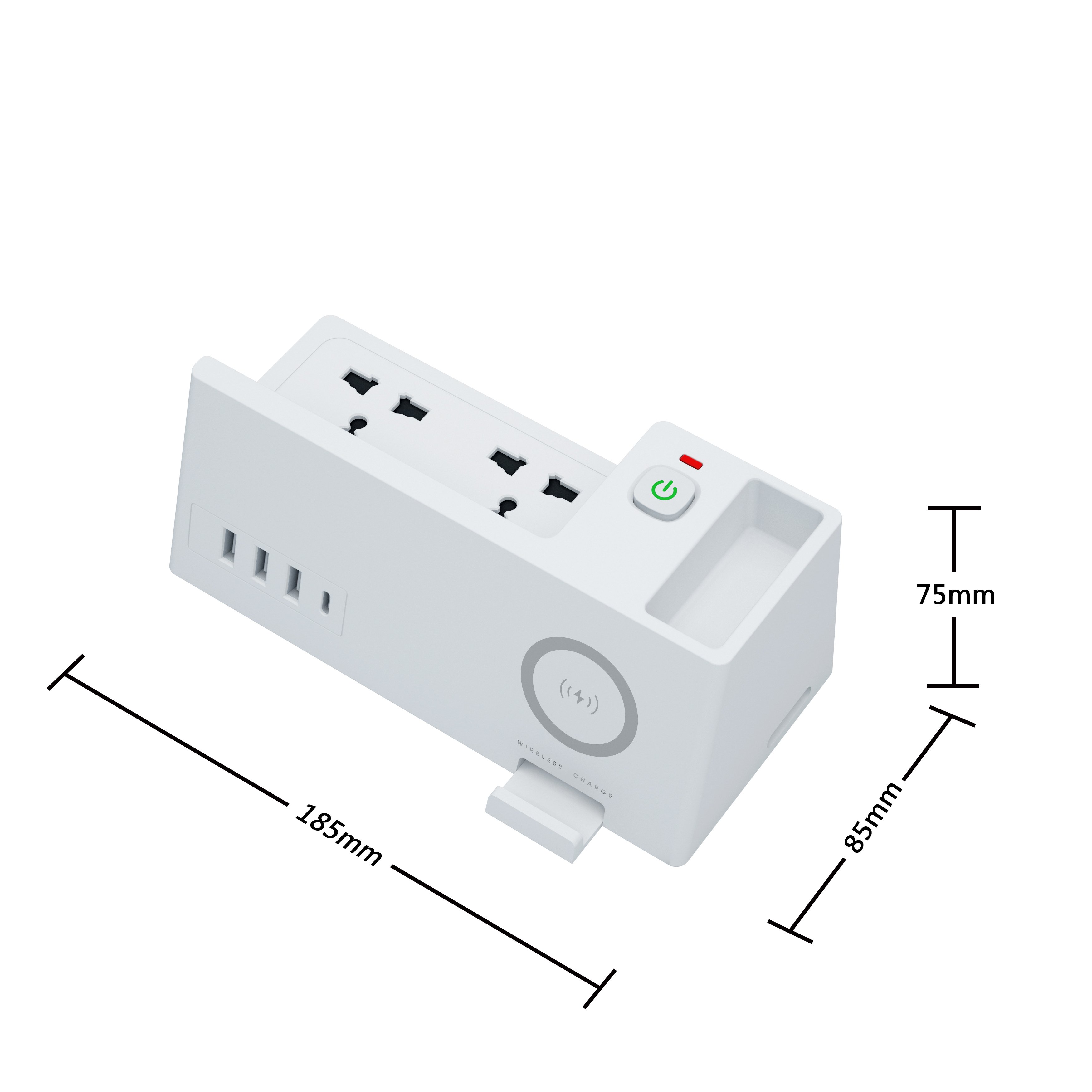 Universal Standard 3 Pin Multi Flat Plug Outlet Safety Single Switch Extension Board With 4 Usb Ports And 5W Wireless Charging