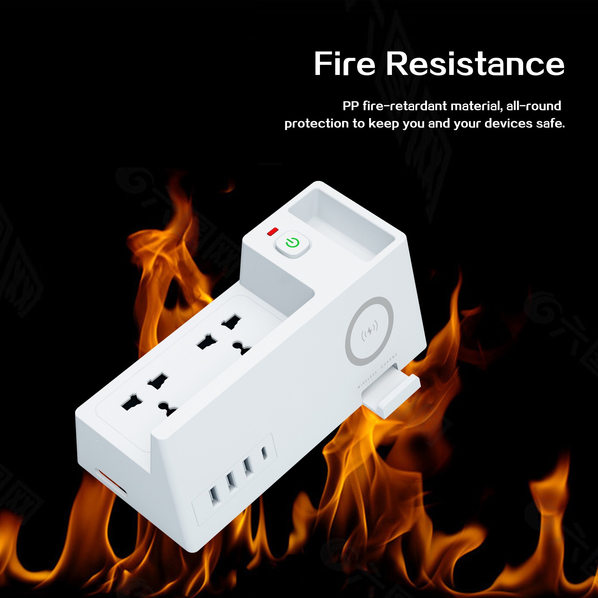 Universal Standard 3 Pin Multi Flat Plug Outlet Safety Single Switch Extension Board With 4 Usb Ports And 5W Wireless Charging