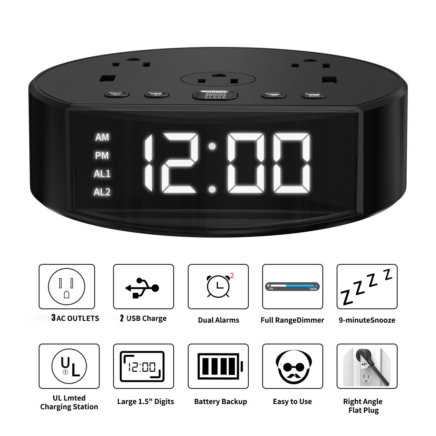 Good Quality US Plug Power Extension Socket with Long Cable Digital Alarm Clock AC outlet USB Port