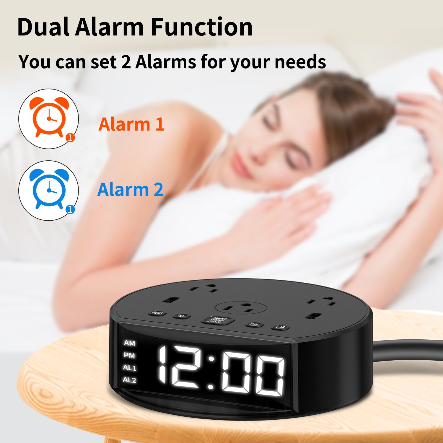 Good Quality US Plug Power Extension Socket with Long Cable Digital Alarm Clock AC outlet USB Port