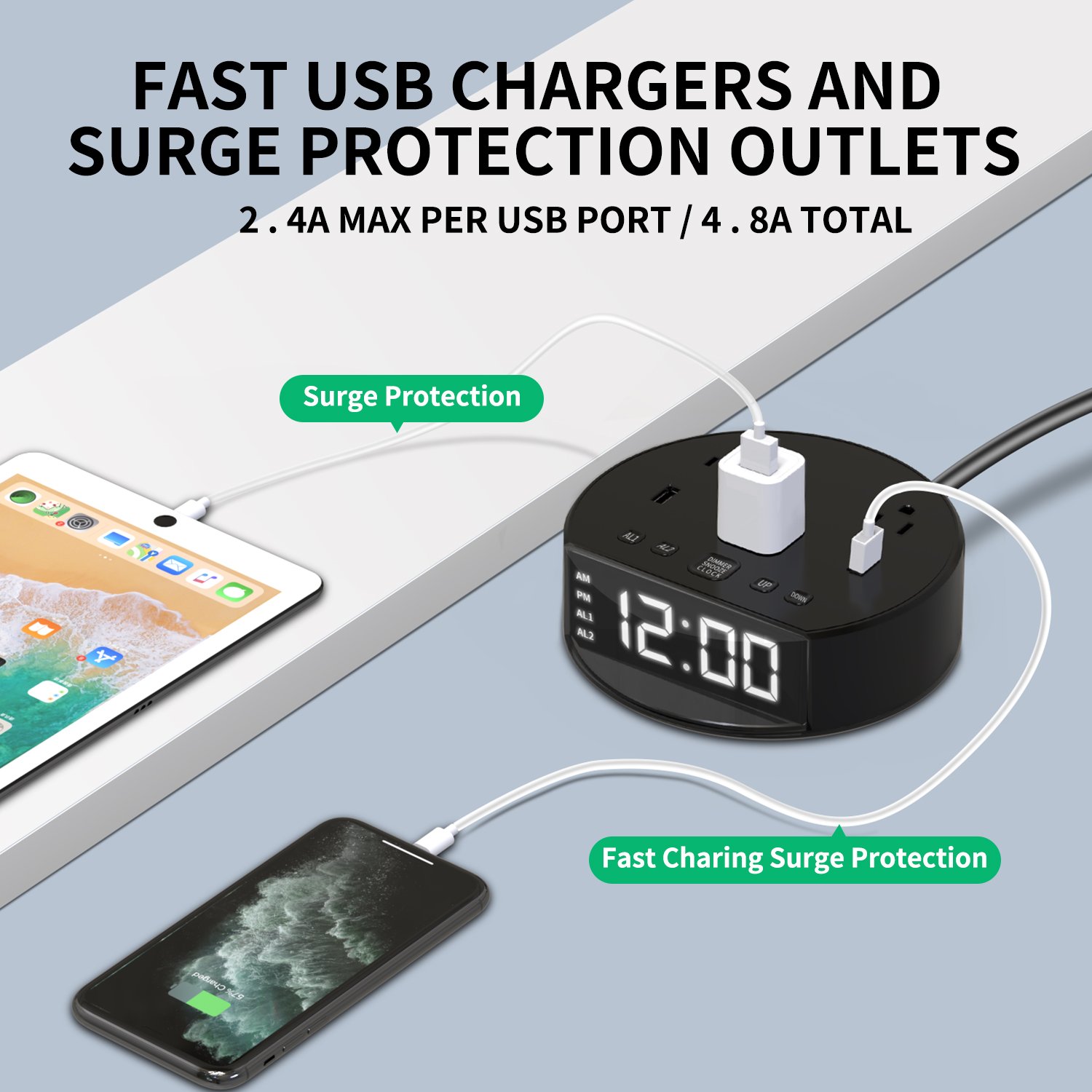 Good Quality US Plug Power Extension Socket with Long Cable Digital Alarm Clock AC outlet USB Port