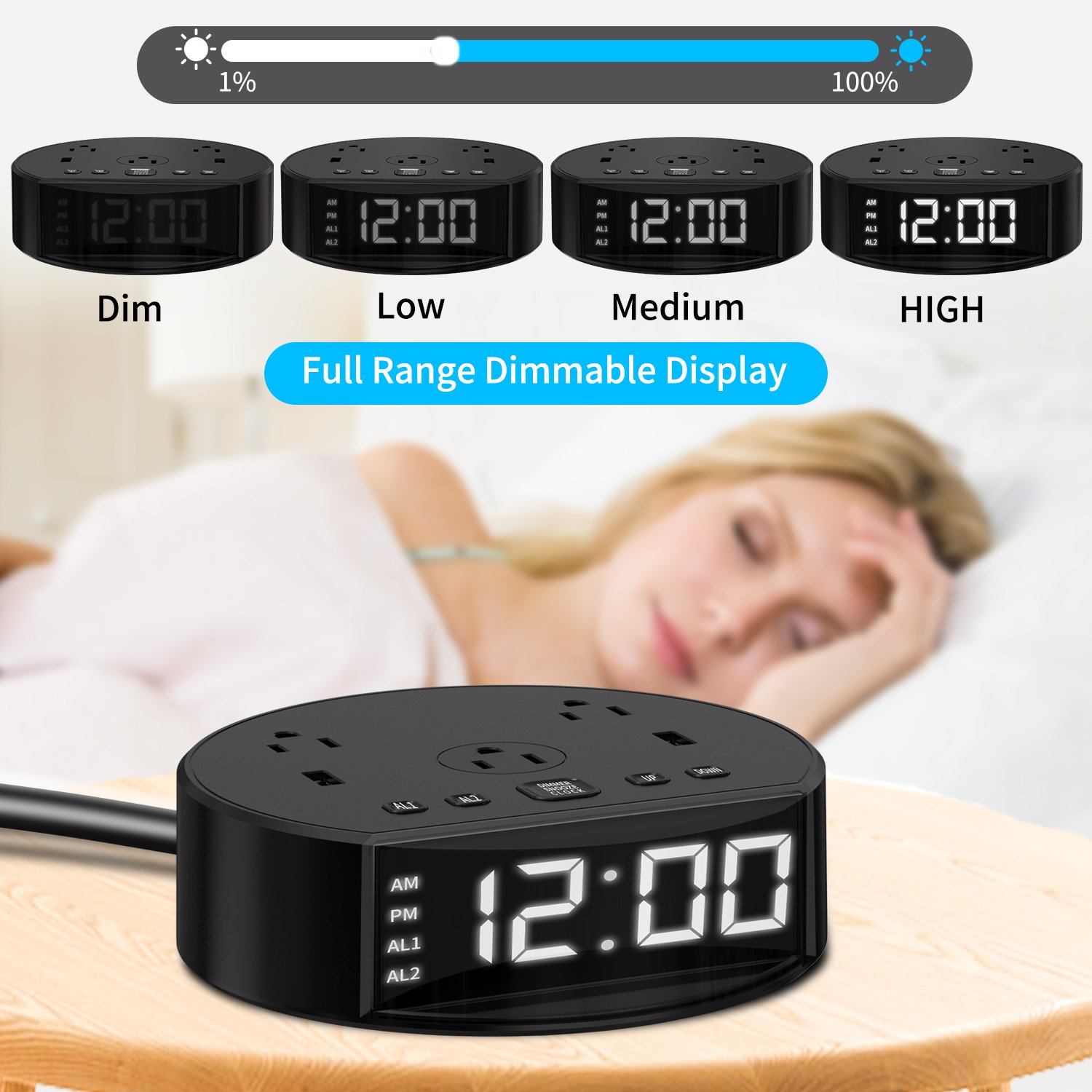 Good Quality US Plug Power Extension Socket with Long Cable Digital Alarm Clock AC outlet USB Port