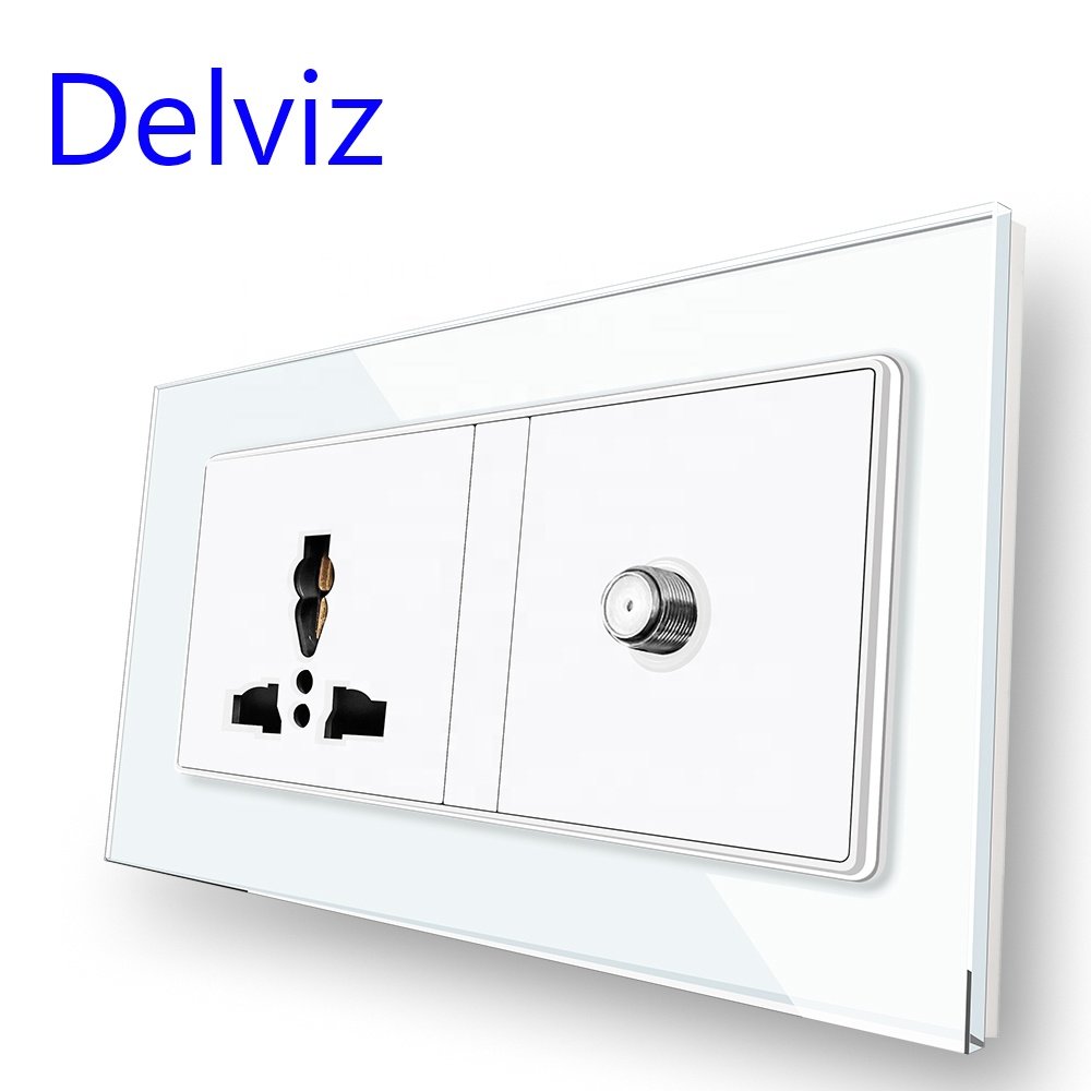 Delviz White Crystal glass Panel, Satellite interface, plug jacks Electric power Outlet, 16A International Universal Wall Socket
