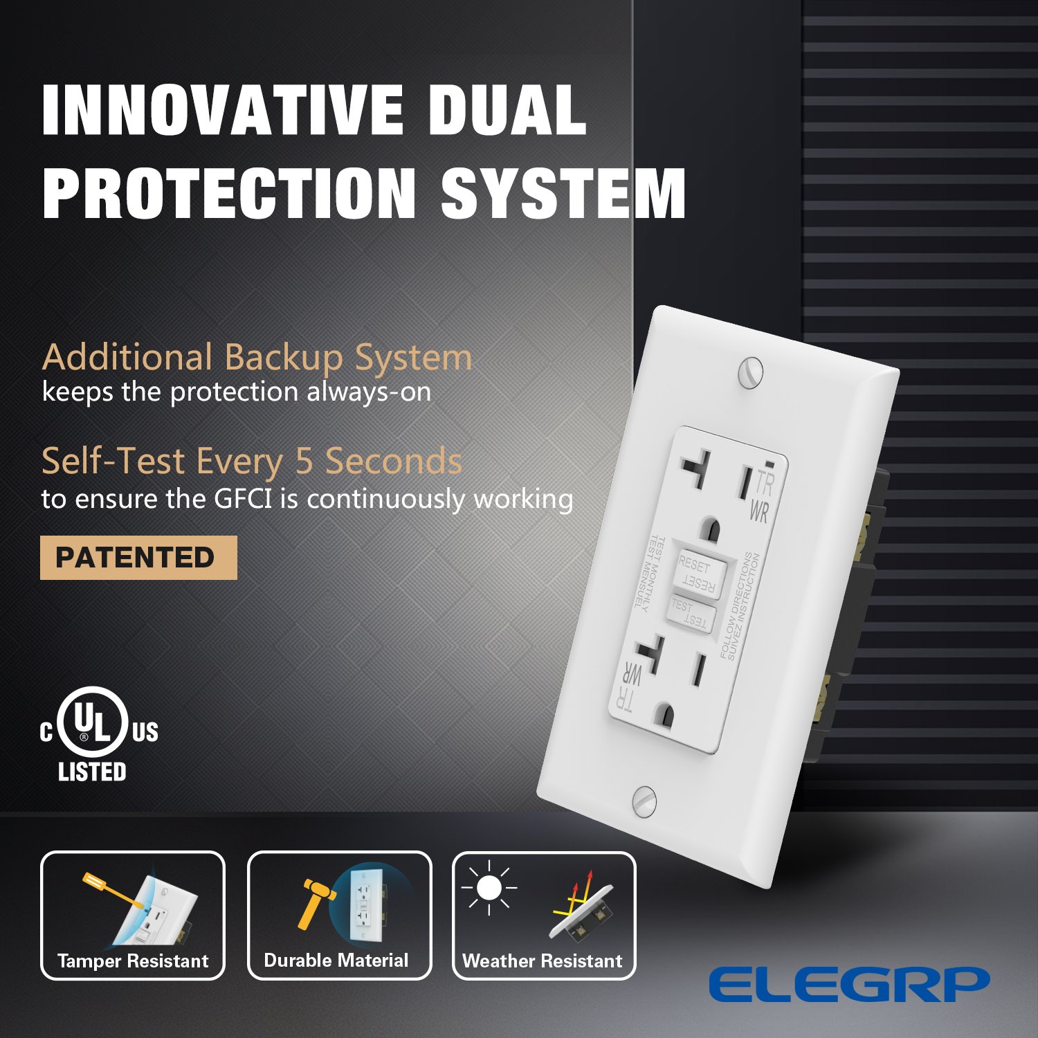 20A GFCI 120V TRWR Electric Grounding NEMA 5-20R UL Commercial Self-Test gfci Wall Socket with wall plate