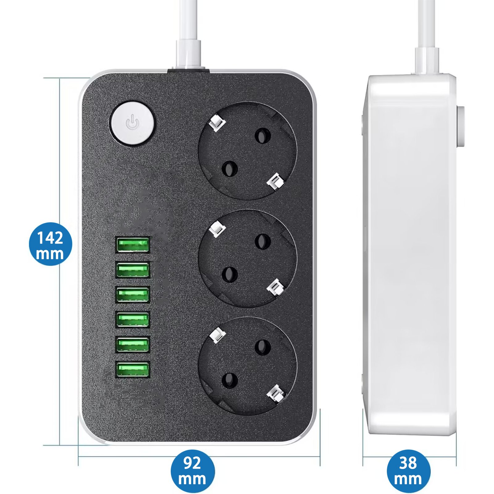 2M power outlet 3 plugs with 6USB port 5V3.4A PC fire retardant material USB charger suitable for home offices