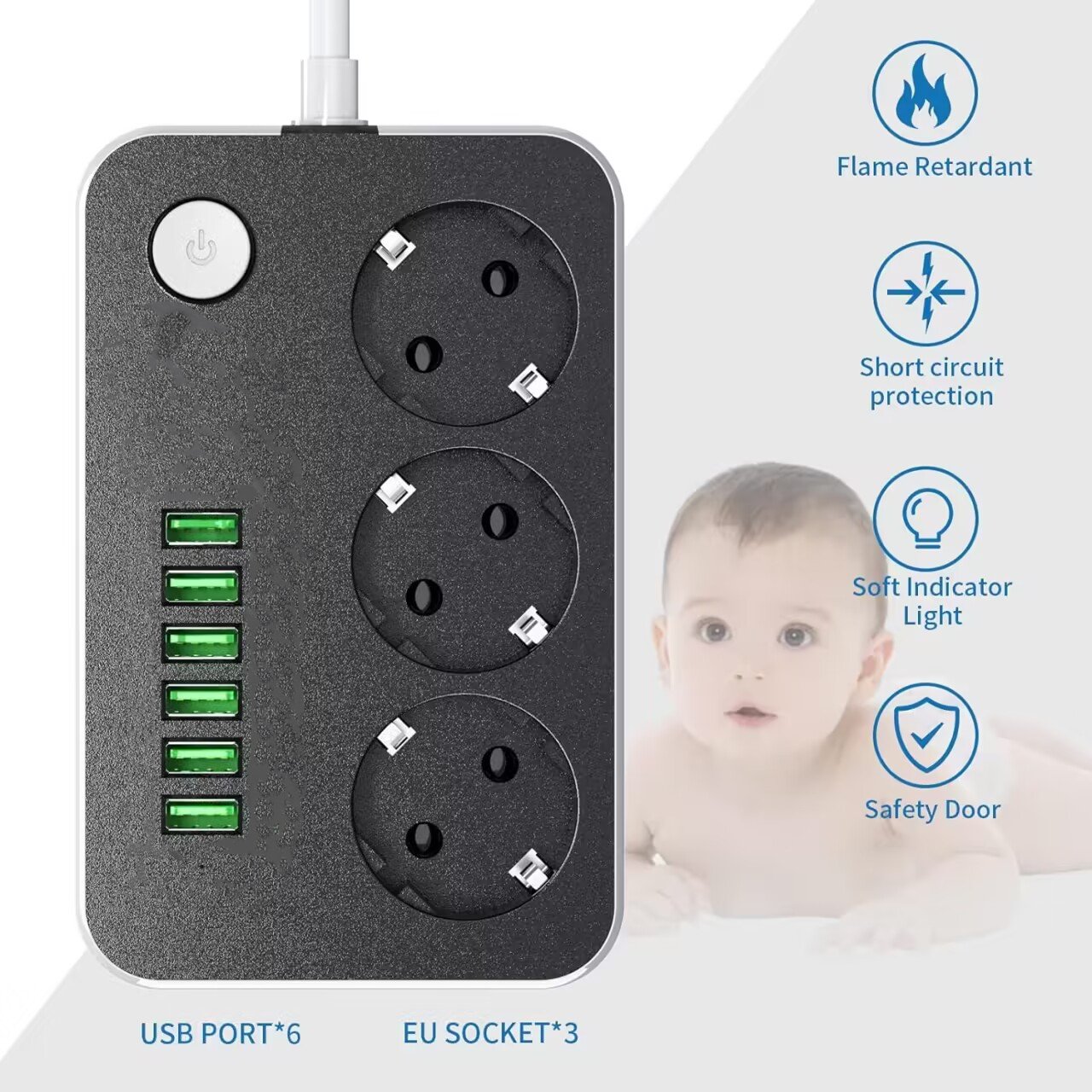 2M power outlet 3 plugs with 6USB port 5V3.4A PC fire retardant material USB charger suitable for home offices