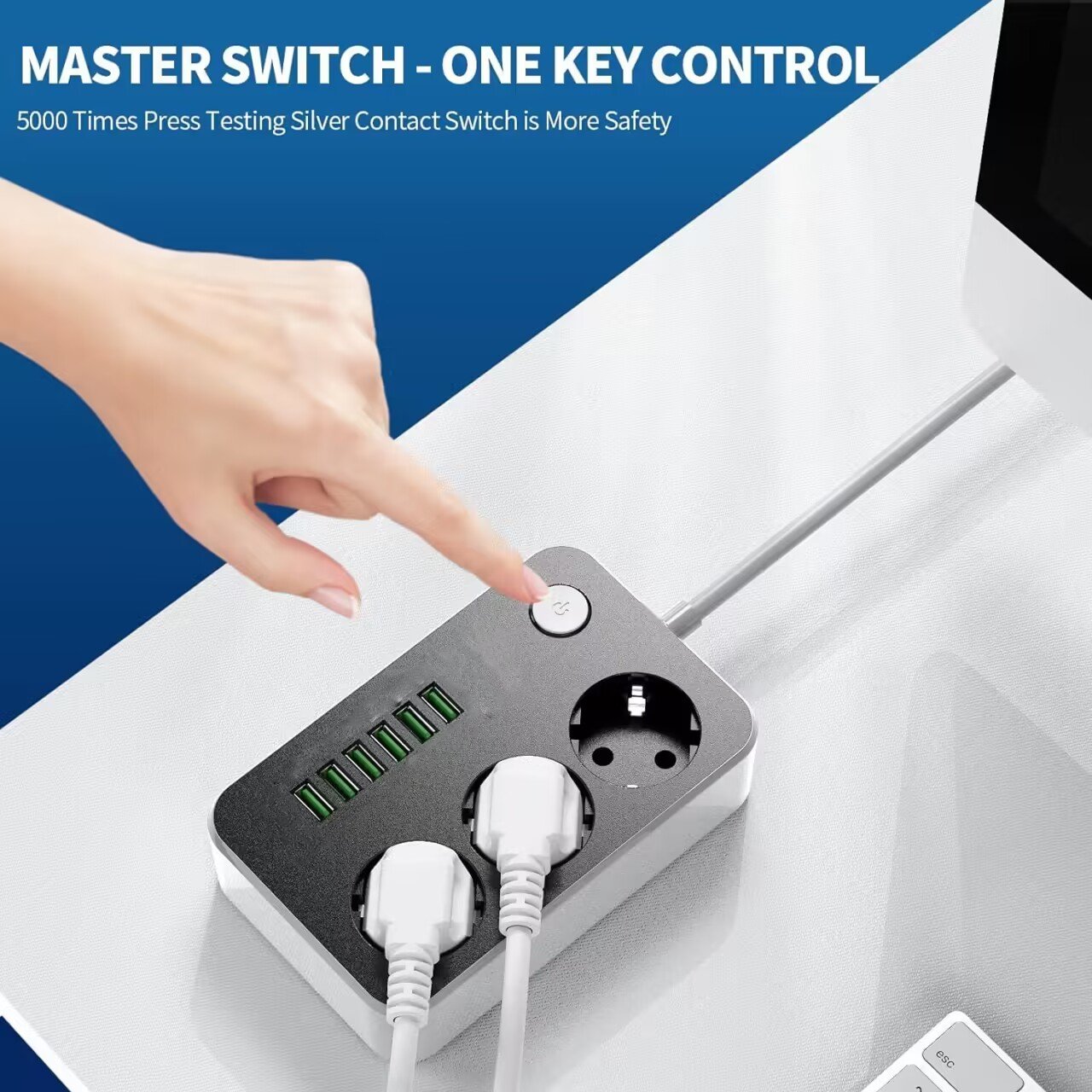2M power outlet 3 plugs with 6USB port 5V3.4A PC fire retardant material USB charger suitable for home offices