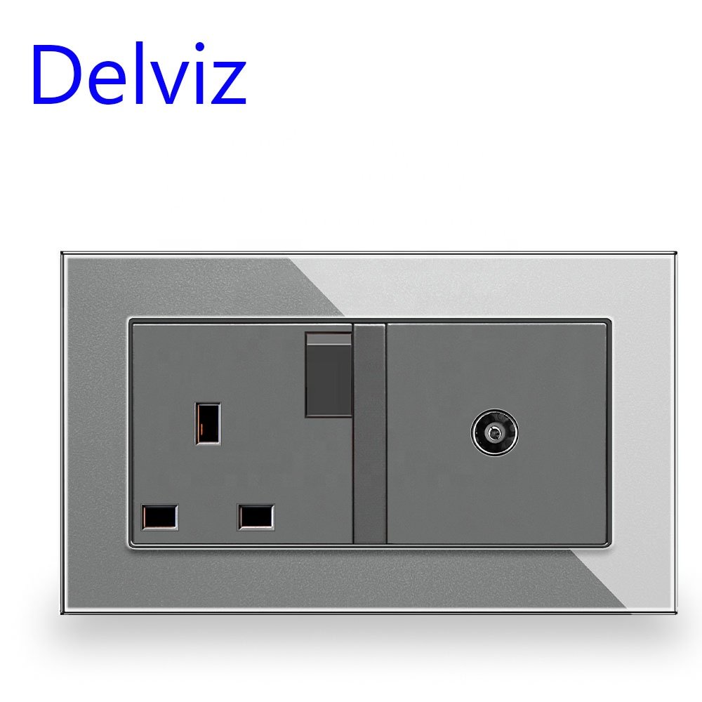 Delviz Tempered Crystal glass Panel 146mm*86mm,Plug jacks Electric power Outlet, Cable TV interface, 13A UK standard Wall Socket