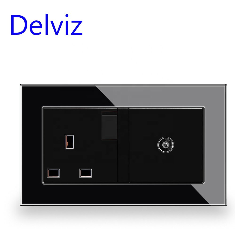 Delviz Tempered Crystal glass Panel 146mm*86mm,Plug jacks Electric power Outlet, Cable TV interface, 13A UK standard Wall Socket