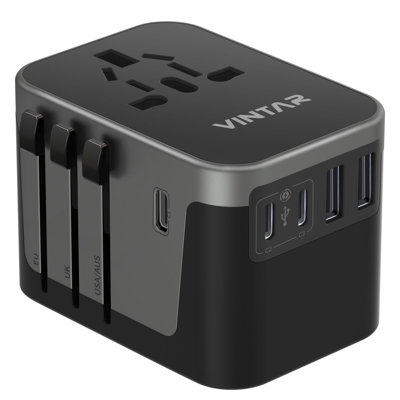 VINTAR universal travel charger power adapter socket EU AUS UK US plugs with 3 USB-C and 2 USB