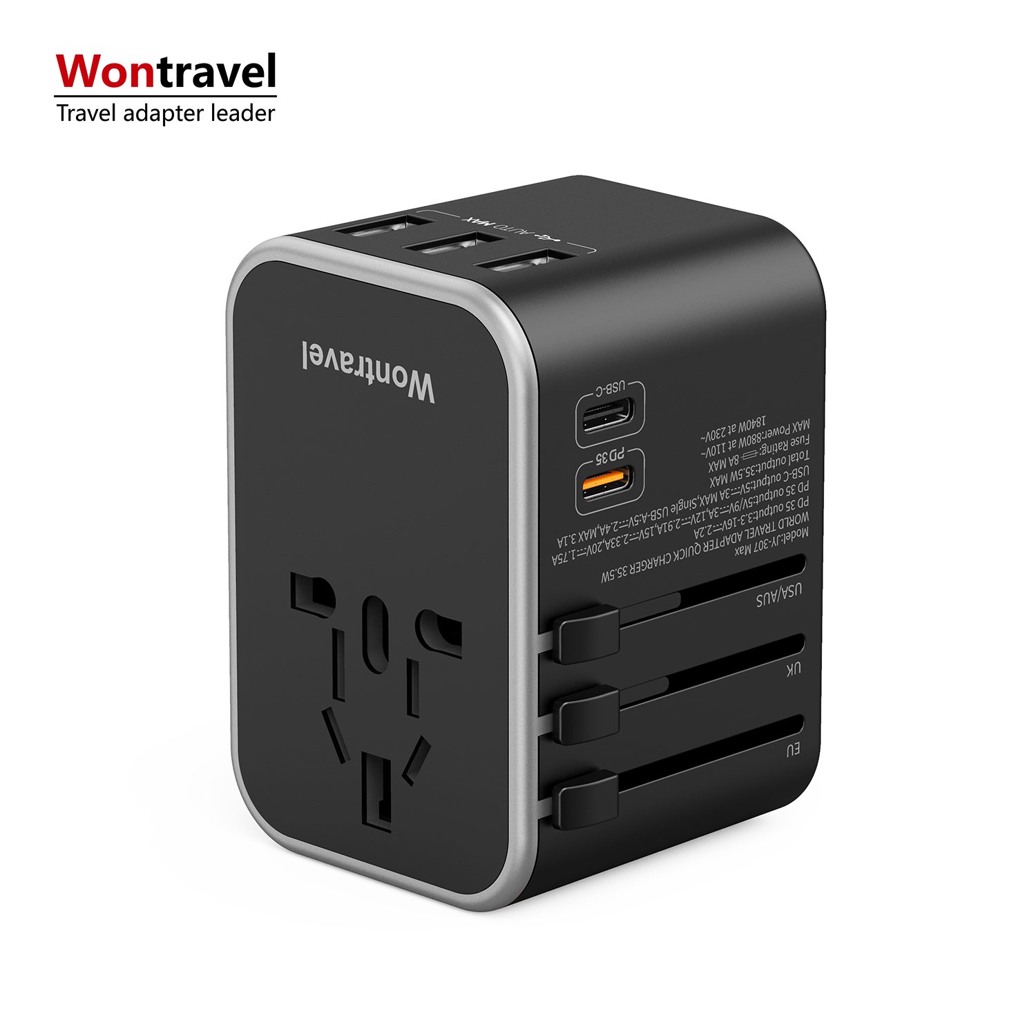 Wontravel New 35.5W PD 3 USB Multi Plug Universal Travel Adapter World Travel Adapter Type C