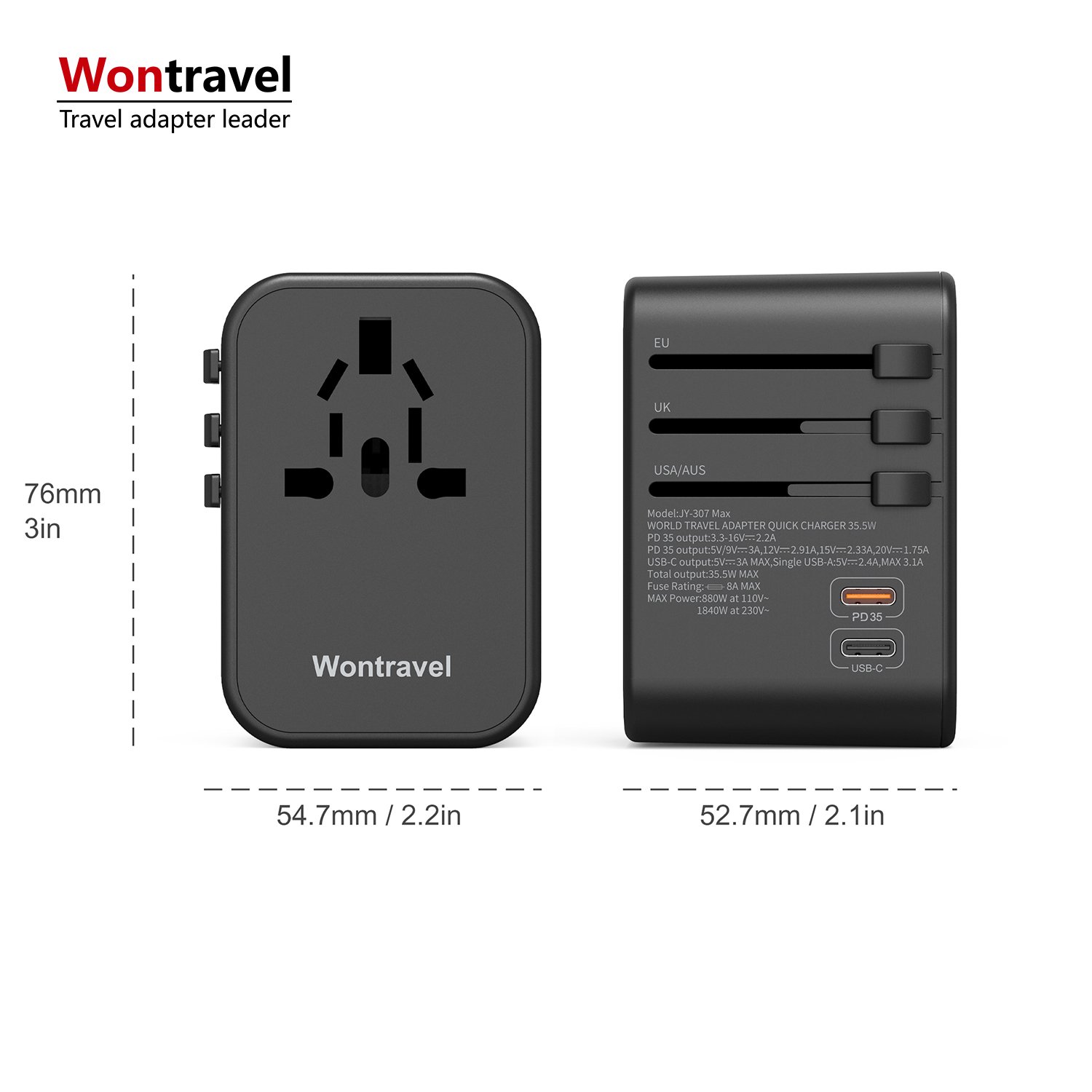 Wontravel New 35.5W PD 3 USB Multi Plug Universal Travel Adapter World Travel Adapter Type C