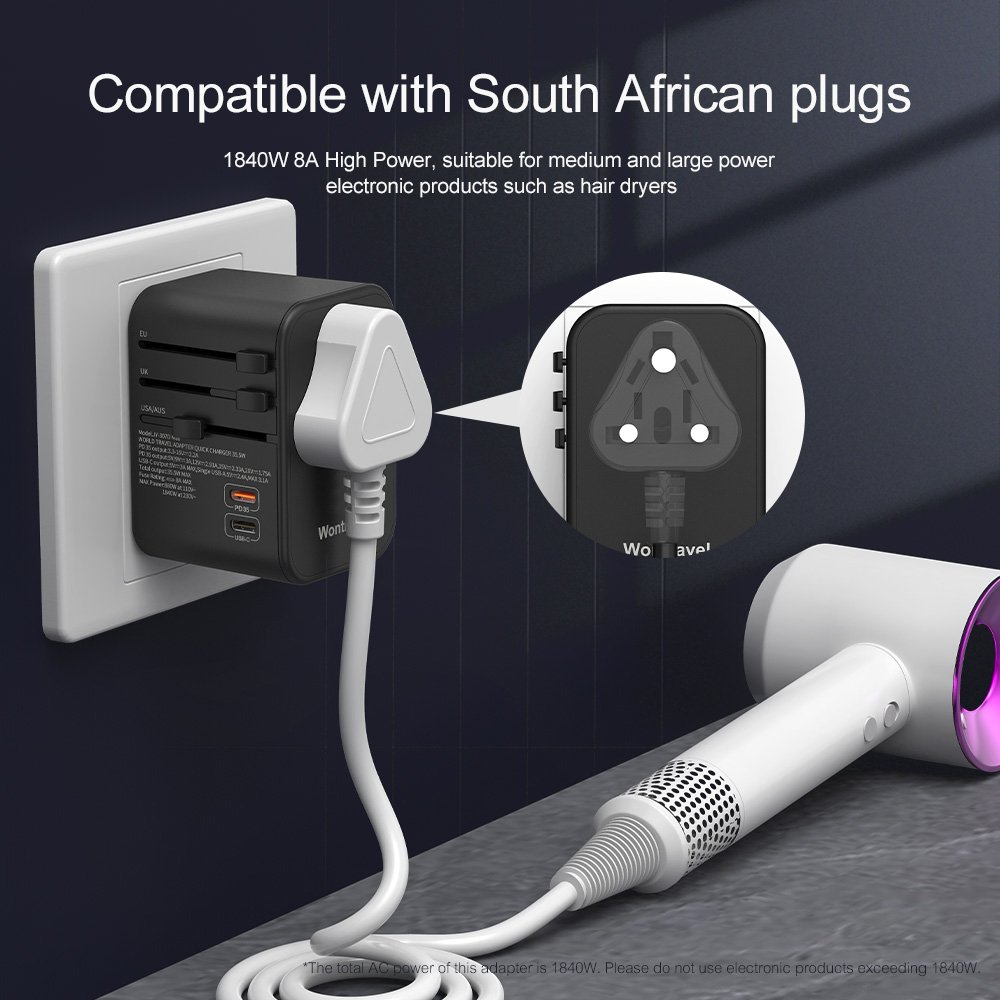 Wontravel New 35.5W PD 3 USB Multi Plug Universal Travel Adapter World Travel Adapter Type C