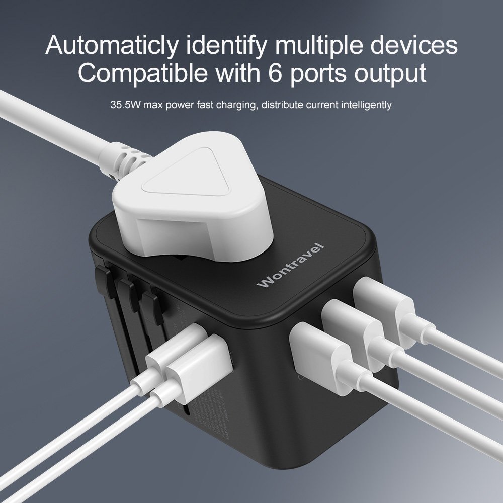 Wontravel New 35.5W PD 3 USB Multi Plug Universal Travel Adapter World Travel Adapter Type C